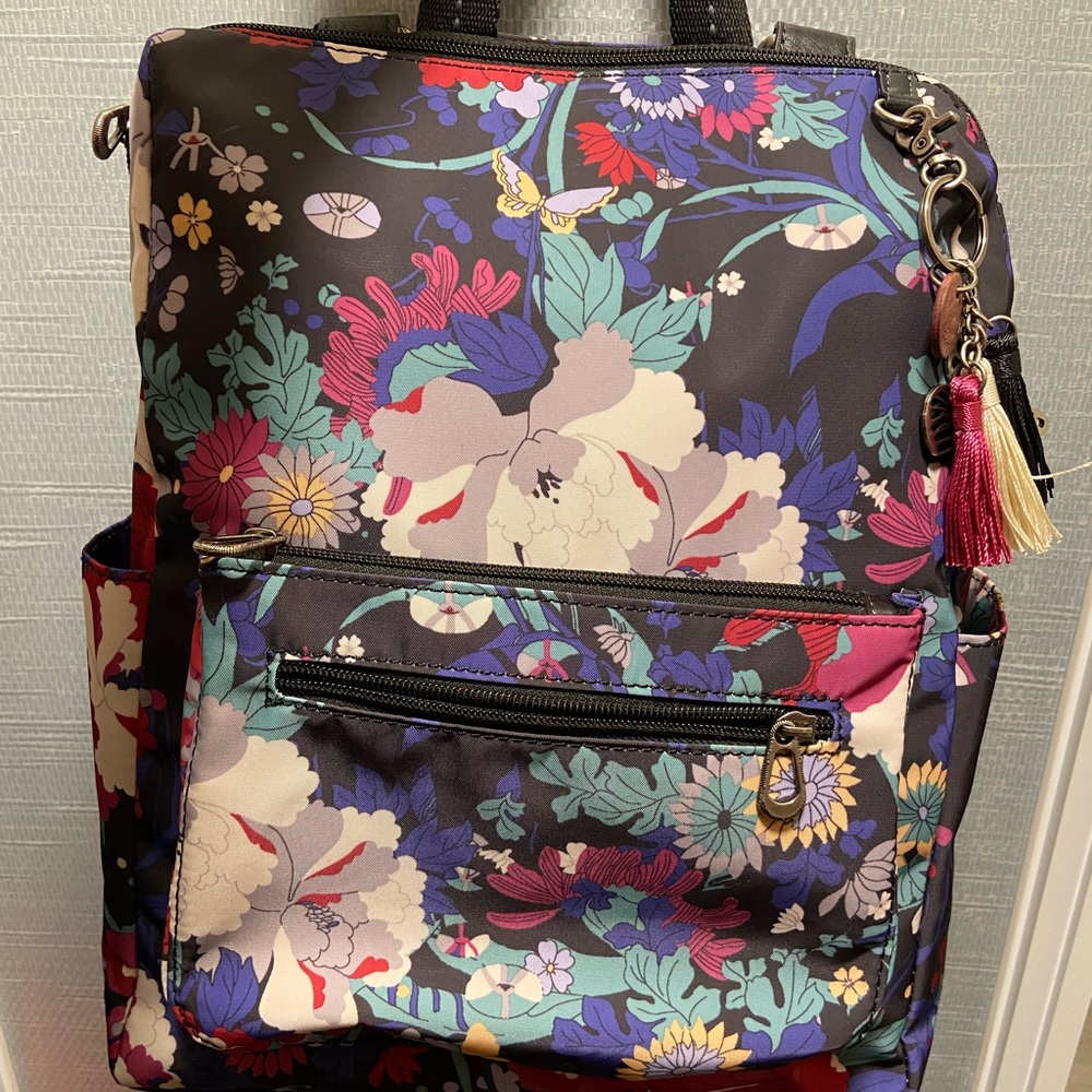 New Sakroots Loyola Convertible Backpack Black Flower Power Purple Flowers